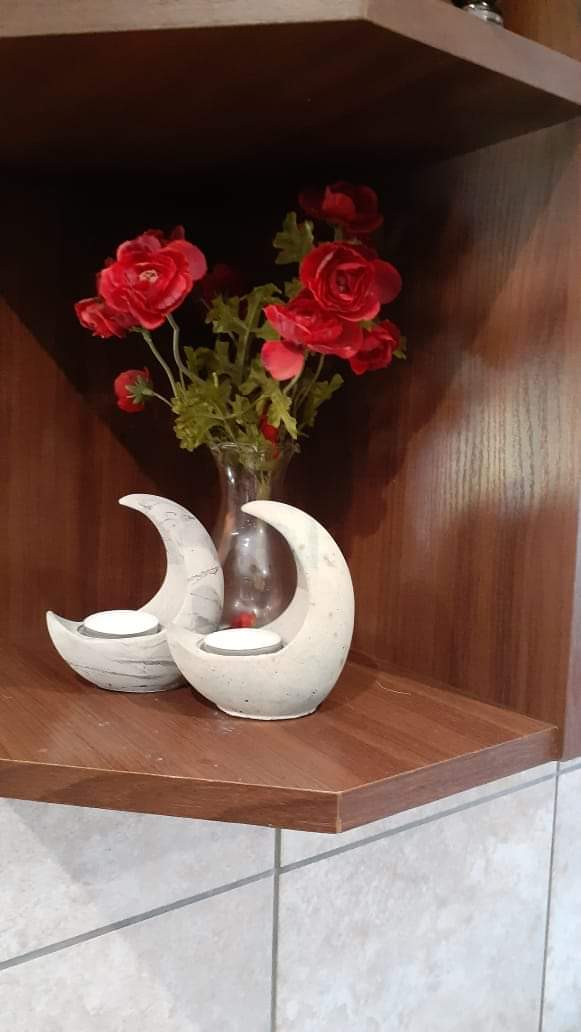 Cement moons with tea light candles