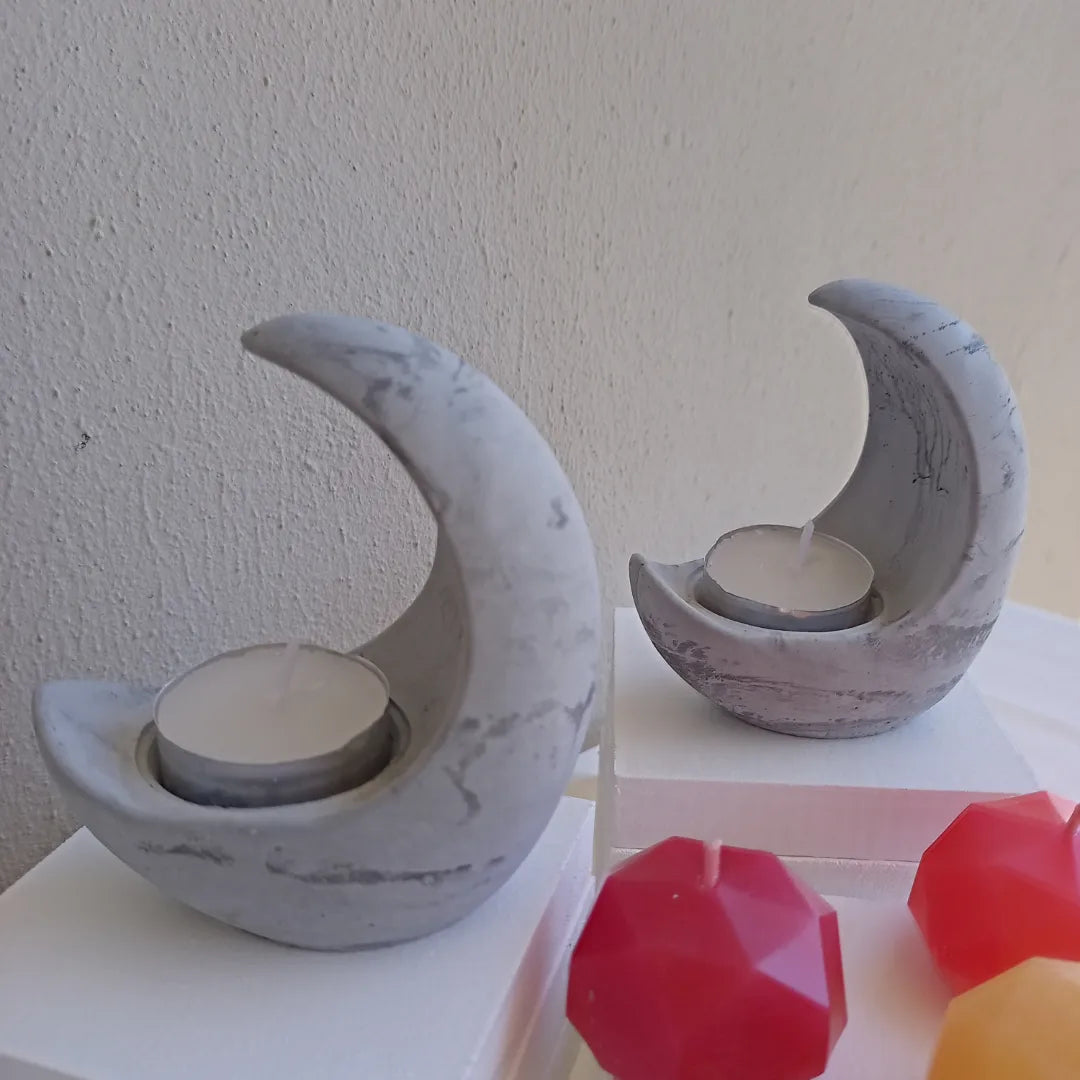 Cement moons with tea light candles