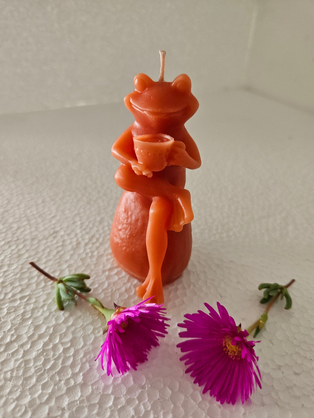 Coffee-drinking frog candles